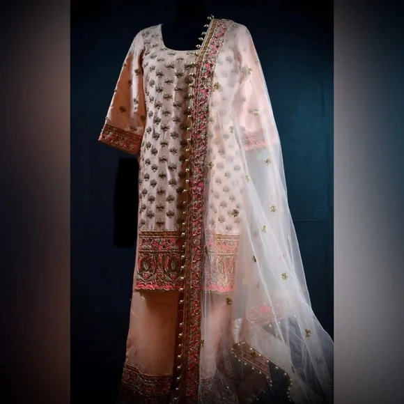 open lace back dress Traditional Indian Bridal Rose Pink Raw Silk Wedding Lehenga set  [product_title] | OORVI DESAI main image 1